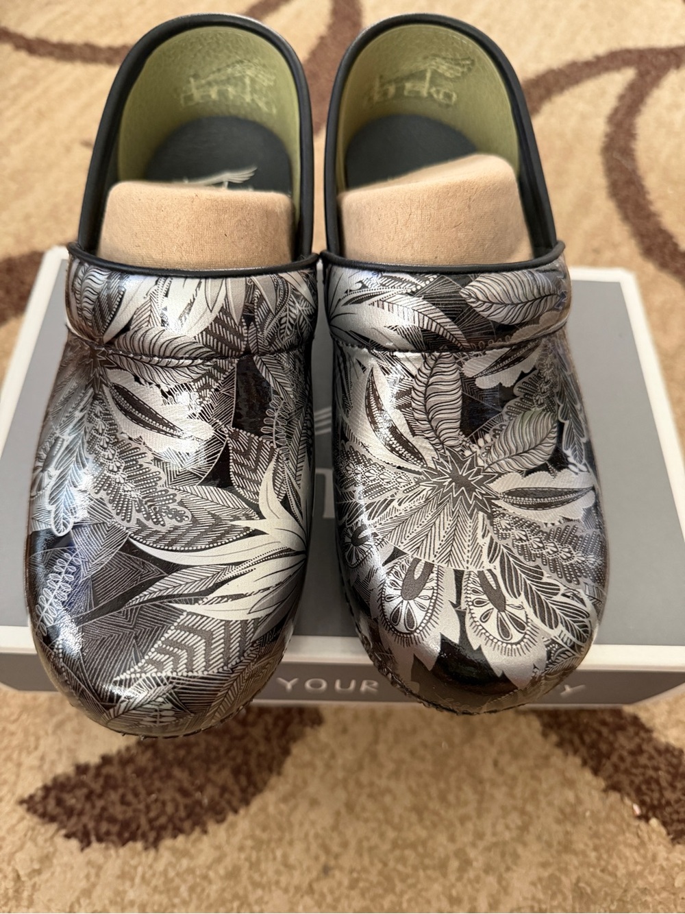 New-Dansko Black & Silver Floral-Print Slip-On Clogs